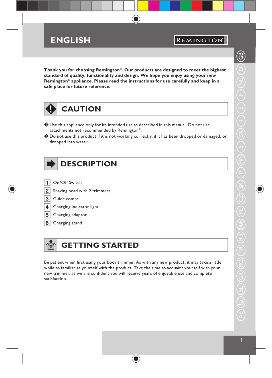 English, Caution, Description | Getting started | Remington BHT300 User Manual | Page 3 / 108