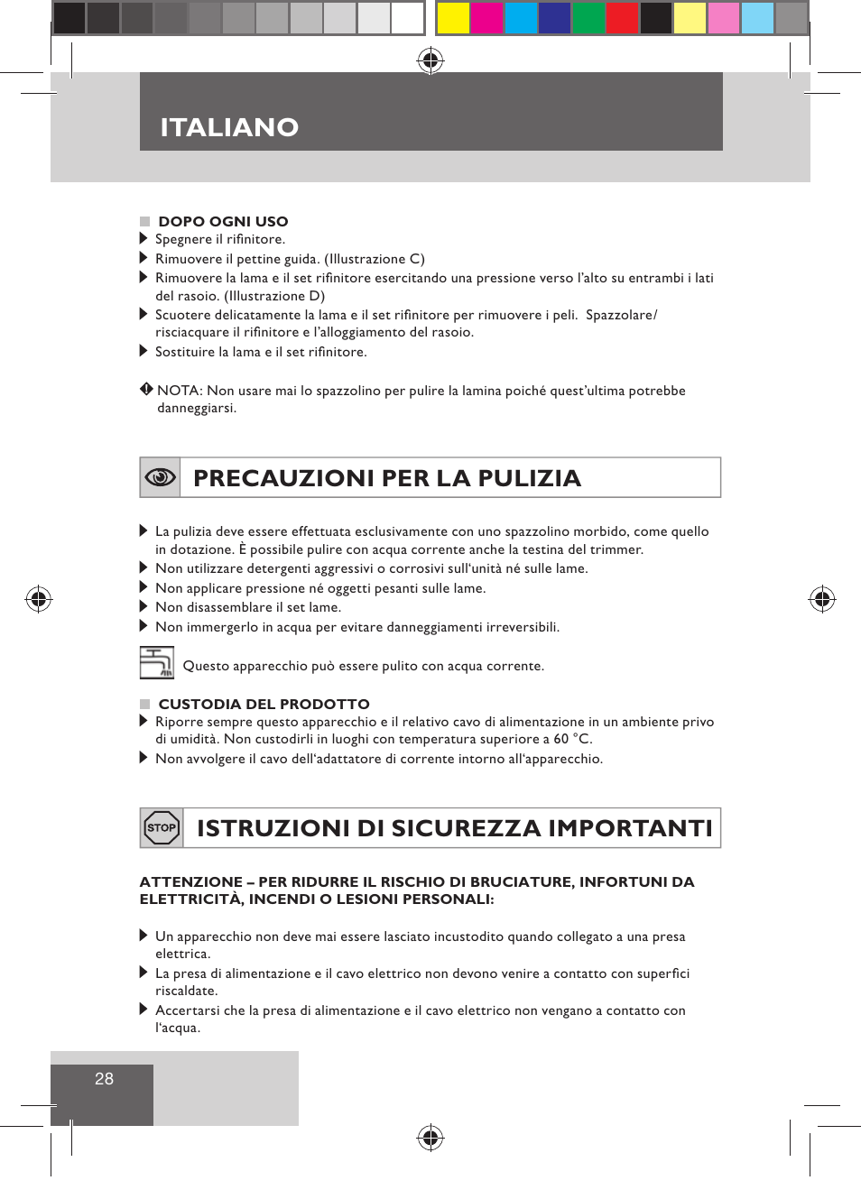 Italiano, Precauzioni per la pulizia, Istruzioni di sicurezza importanti | Remington BHT300 User Manual | Page 30 / 108