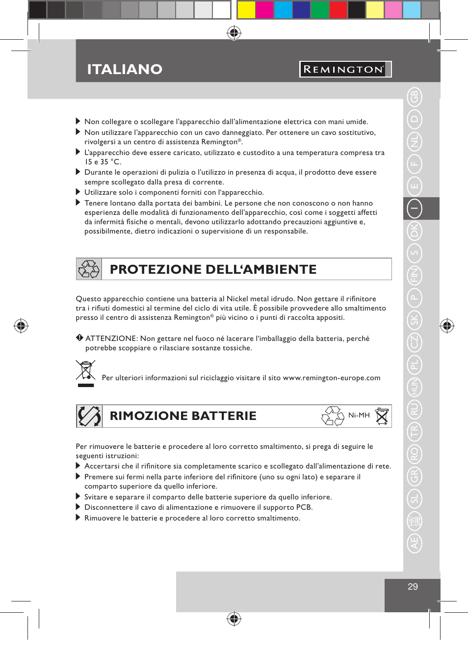 Italiano, Protezione dell‘ambiente, Rimozione batterie | Remington BHT300 User Manual | Page 31 / 108