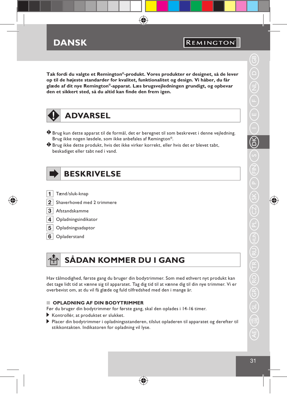 Dansk, Advarsel, Beskrivelse | Sådan kommer du i gang | Remington BHT300 User Manual | Page 33 / 108