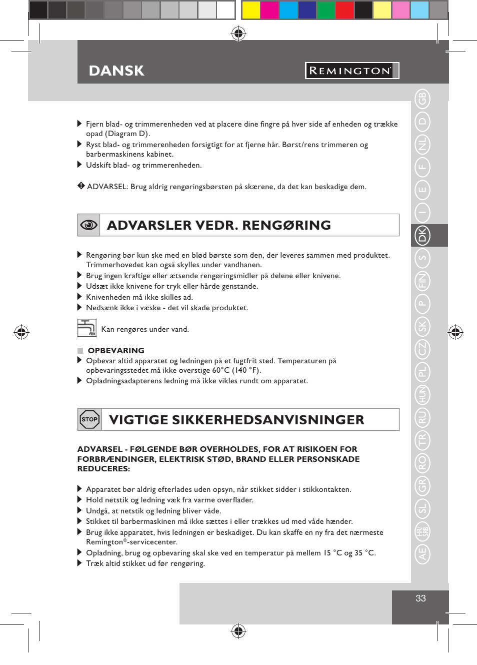 Dansk, Advarsler vedr. rengøring, Vigtige sikkerhedsanvisninger | Remington BHT300 User Manual | Page 35 / 108