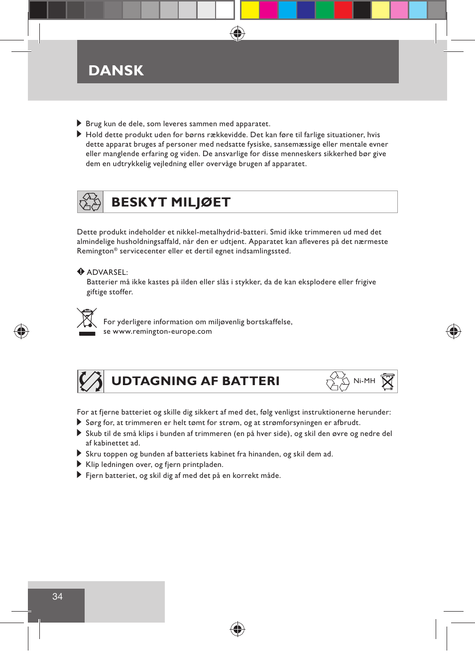 Dansk, Beskyt miljøet, Udtagning af batteri | Remington BHT300 User Manual | Page 36 / 108