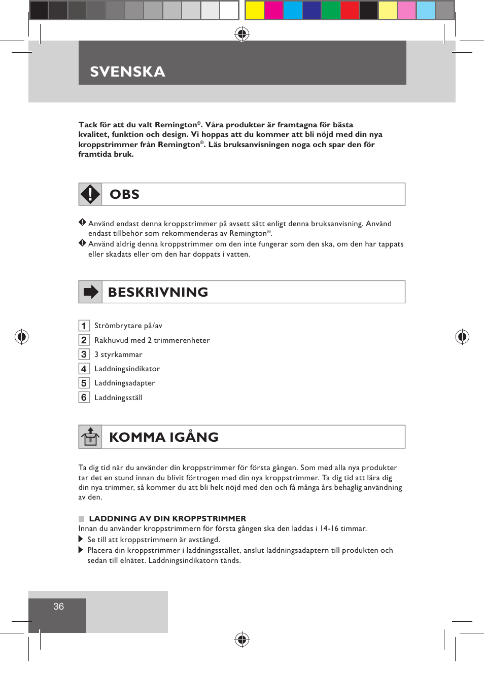 Svenska, Beskrivning, Komma igång | Remington BHT300 User Manual | Page 38 / 108