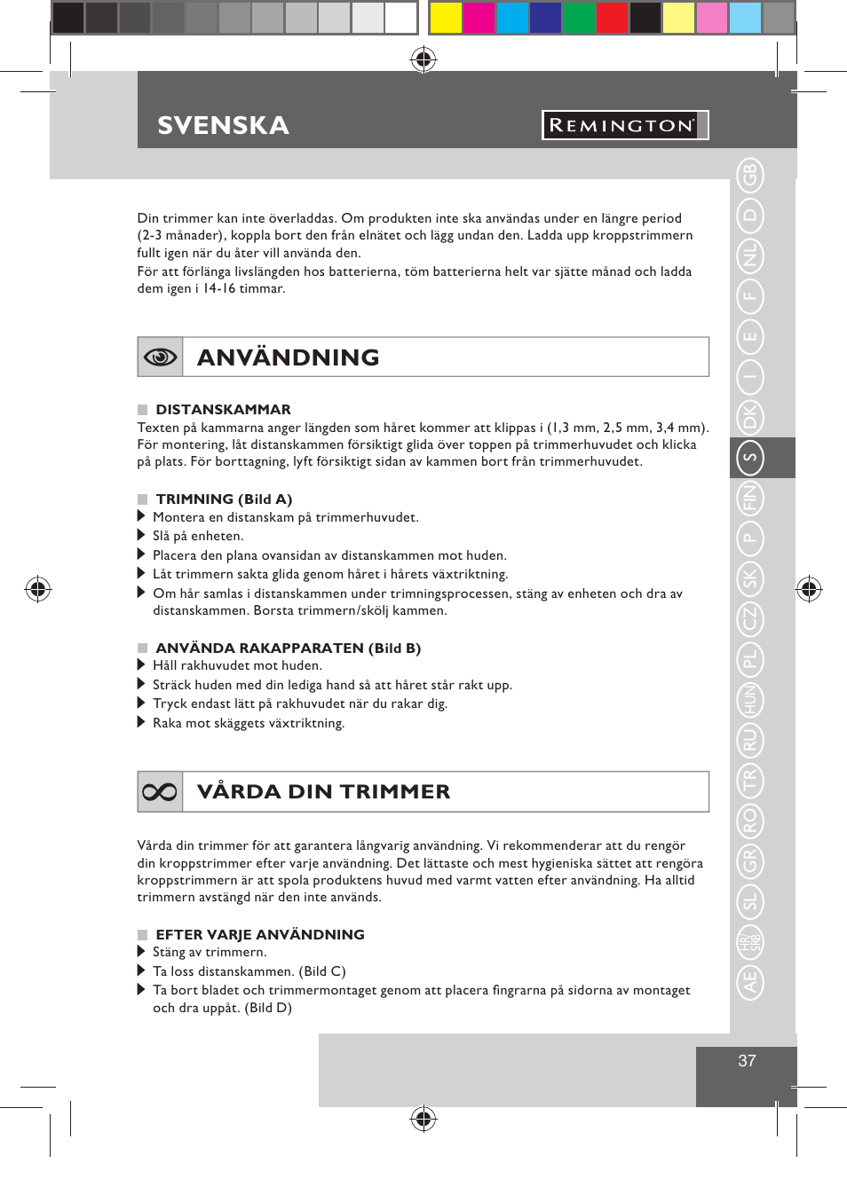 Svenska, Användning | Remington BHT300 User Manual | Page 39 / 108