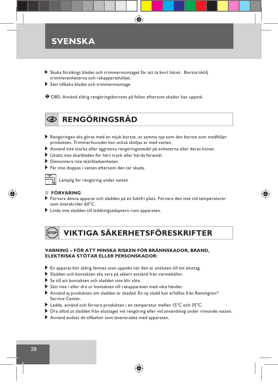 Svenska, Rengöringsråd, Viktiga säkerhetsföreskrifter | Remington BHT300 User Manual | Page 40 / 108