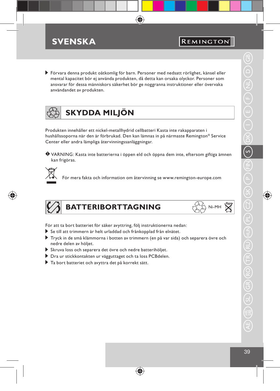 Svenska, Skydda miljön, Batteriborttagning | Remington BHT300 User Manual | Page 41 / 108