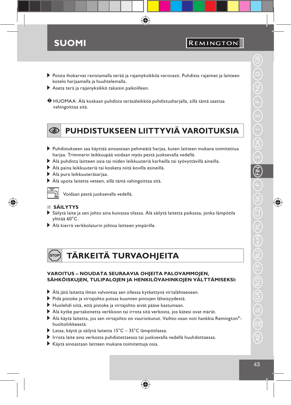 Suomi, Puhdistukseen liittyviä varoituksia, Tärkeitä turvaohjeita | Remington BHT300 User Manual | Page 45 / 108