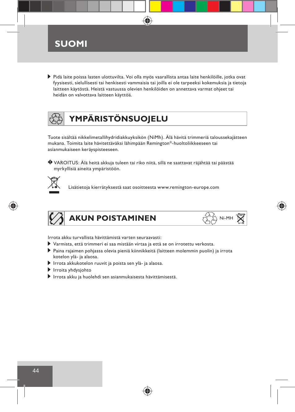 Suomi, Ympäristönsuojelu, Akun poistaminen | Remington BHT300 User Manual | Page 46 / 108