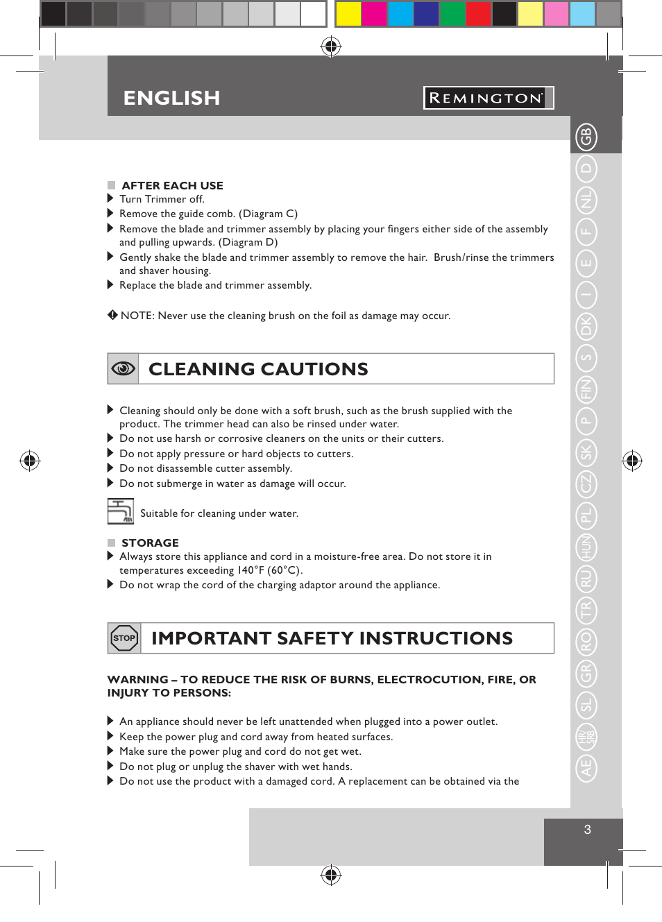 English, Cleaning cautions, Important safety instructions | Remington BHT300 User Manual | Page 5 / 108