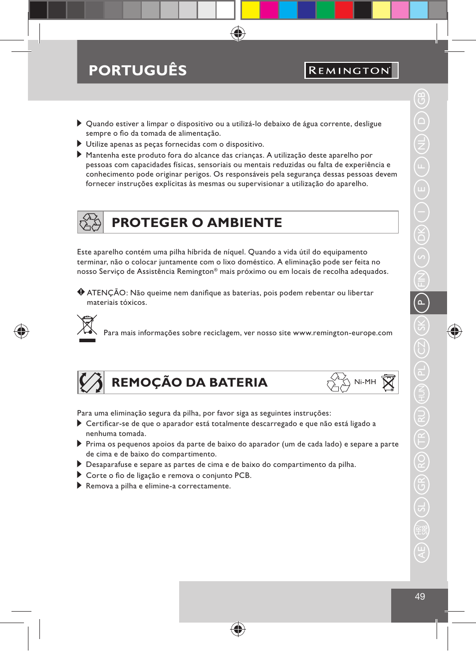 Português, Proteger o ambiente, Remoção da bateria | Remington BHT300 User Manual | Page 51 / 108