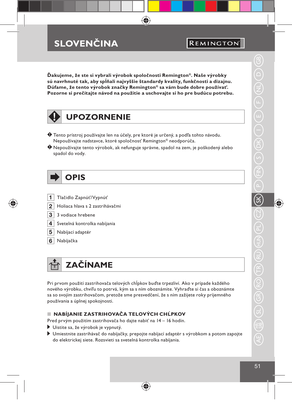 Slovenčina, Upozornenie, Opis | Začíname | Remington BHT300 User Manual | Page 53 / 108