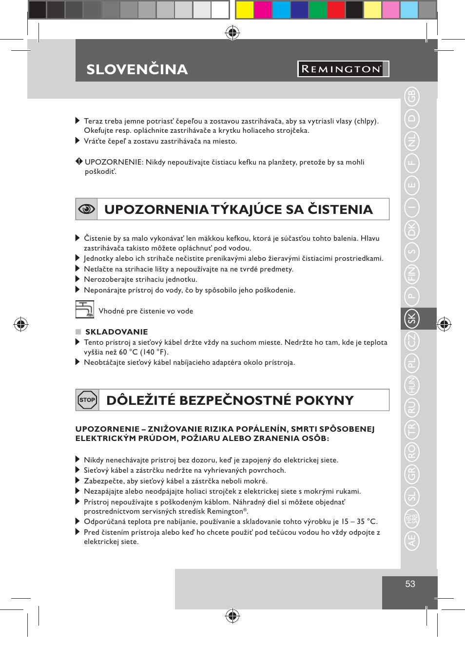 Slovenčina, Upozornenia týkajúce sa čistenia, Dôležité bezpečnostné pokyny | Remington BHT300 User Manual | Page 55 / 108