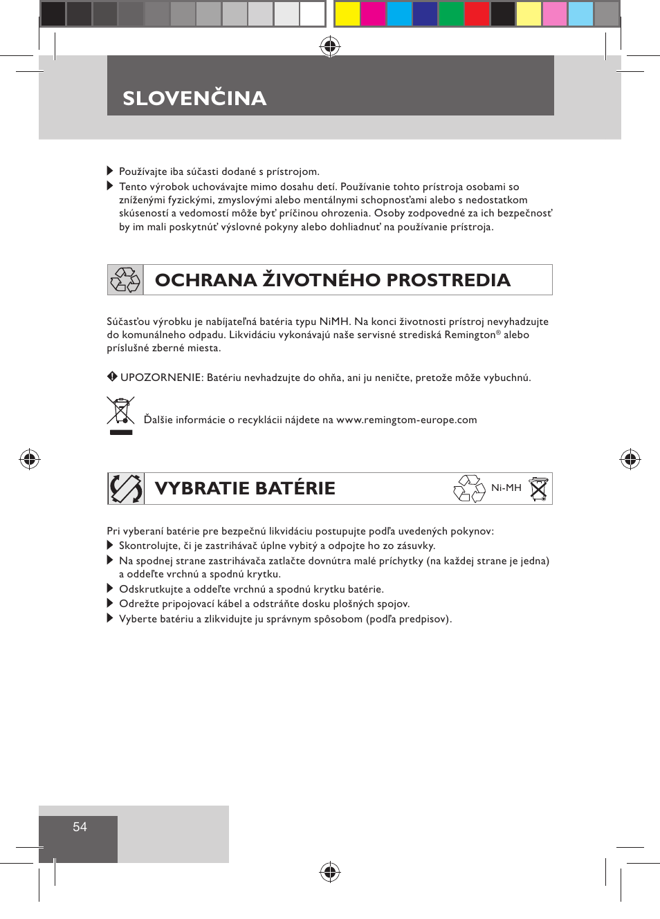 Slovenčina, Ochrana životného prostredia, Vybratie batérie | Remington BHT300 User Manual | Page 56 / 108