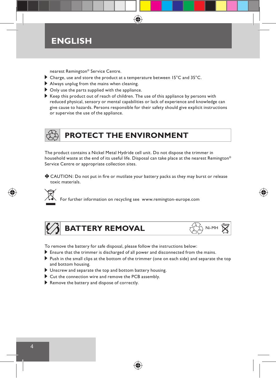 English, Protect the environment, Battery removal | Remington BHT300 User Manual | Page 6 / 108