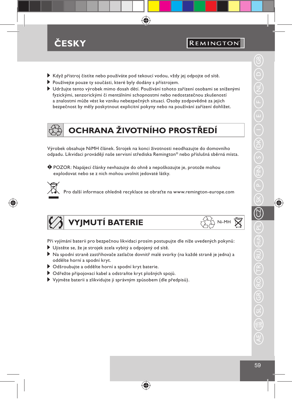 Česky, Ochrana životního prostředí, Vyjmutí baterie | Remington BHT300 User Manual | Page 61 / 108