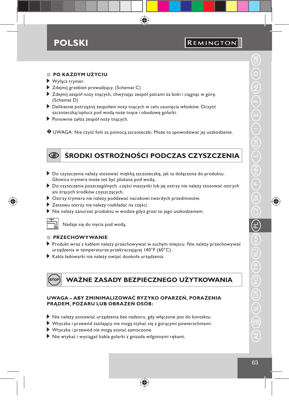 Polski, Środki ostrożności podczas czyszczenia | Remington BHT300 User Manual | Page 65 / 108