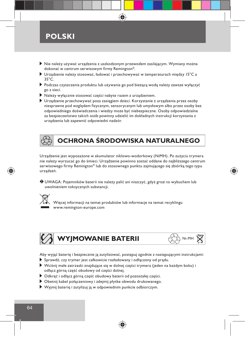 Polski, Wyjmowanie baterii, Ochrona środowiska naturalnego | Remington BHT300 User Manual | Page 66 / 108