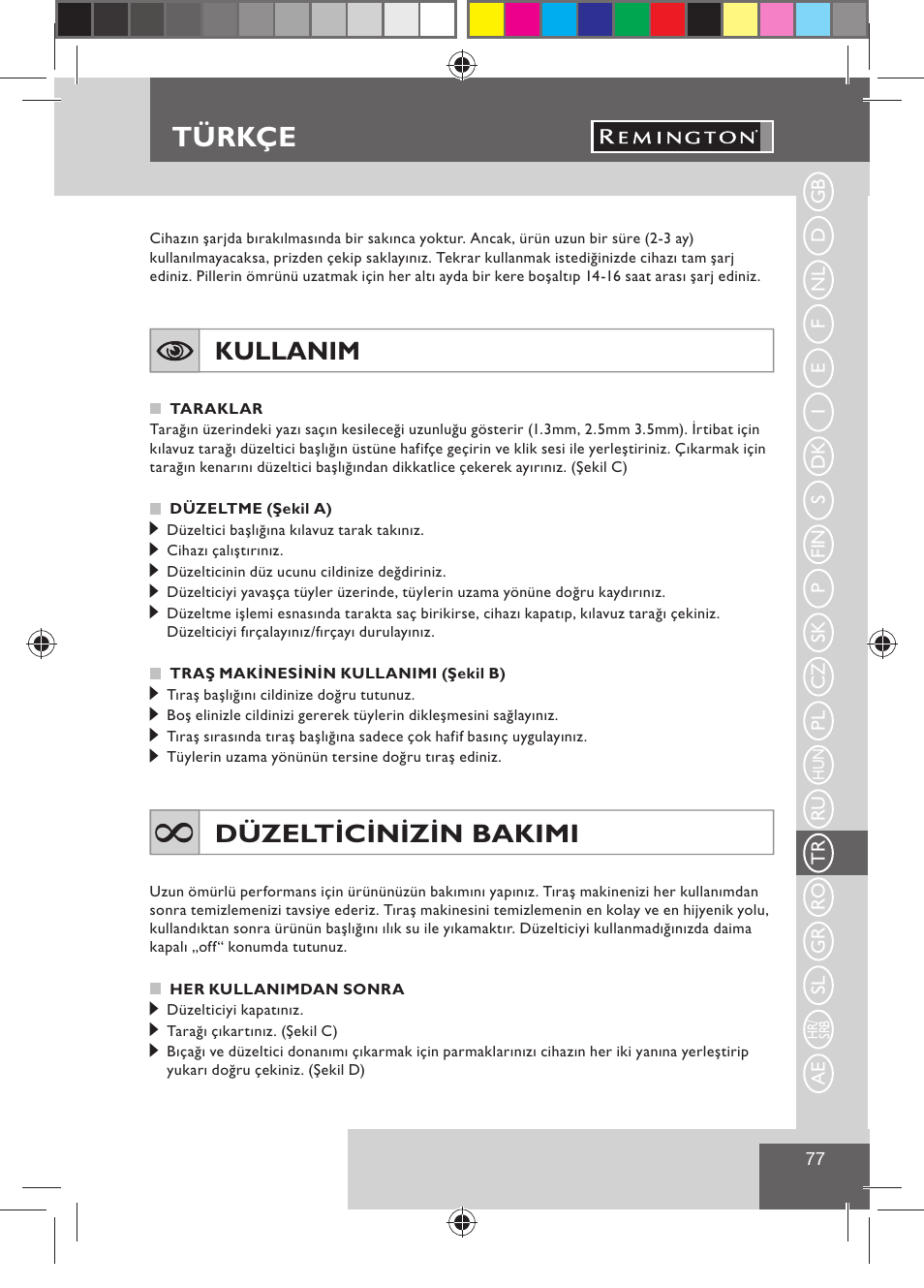 Türkçe, Kullanim, Düzelticinizin bakimi | Remington BHT300 User Manual | Page 79 / 108