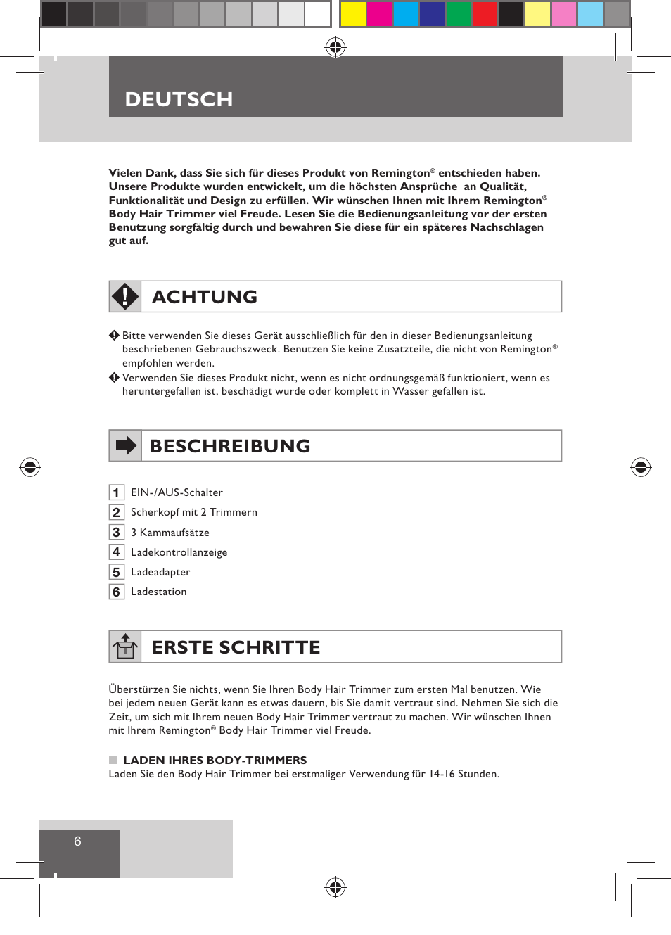 Deutsch, Achtung, Beschreibung | Erste schritte | Remington BHT300 User Manual | Page 8 / 108