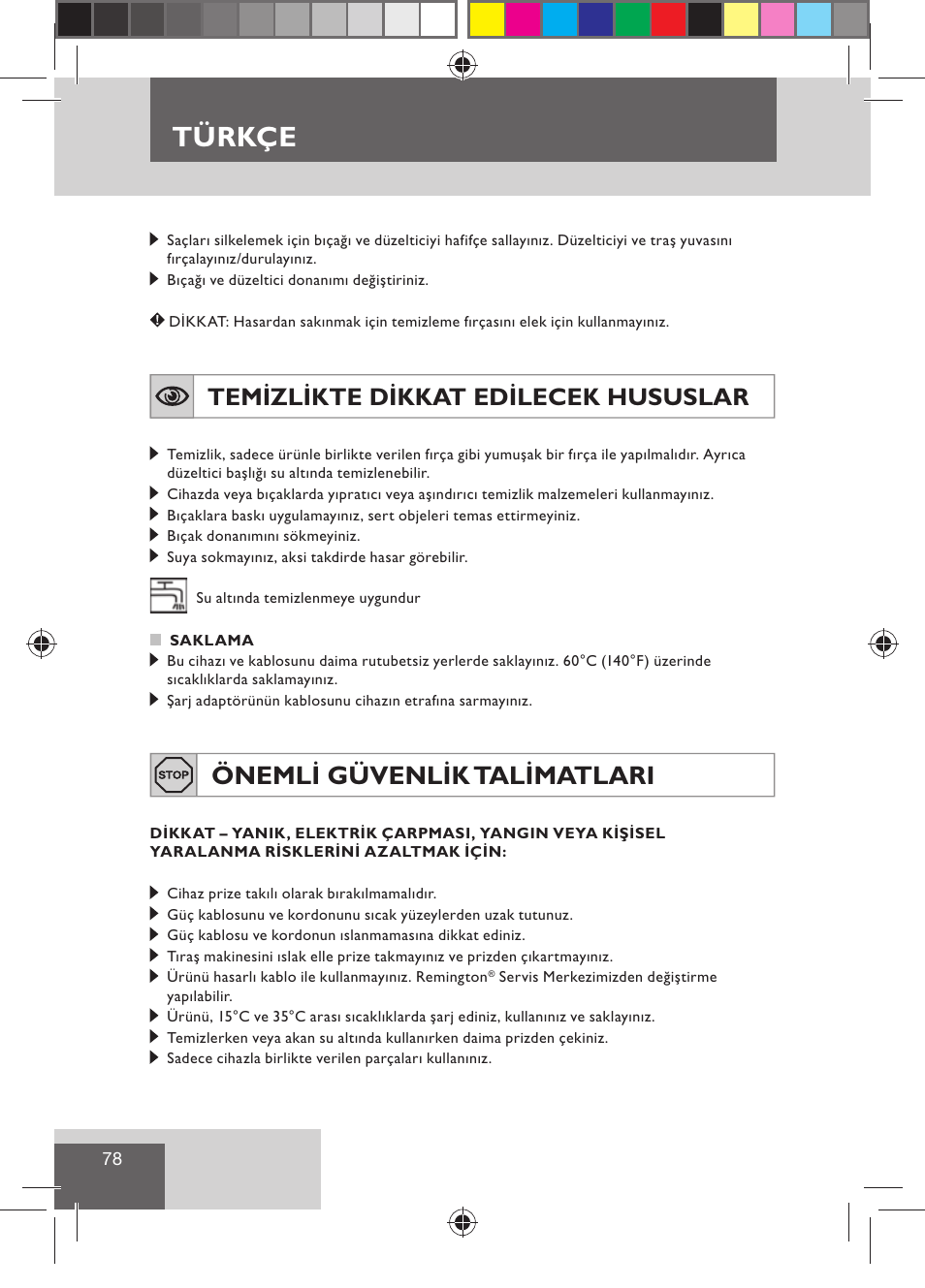 Türkçe, Önemli güvenlik talimatlari, Temizlikte dikkat edilecek hususlar | Remington BHT300 User Manual | Page 80 / 108