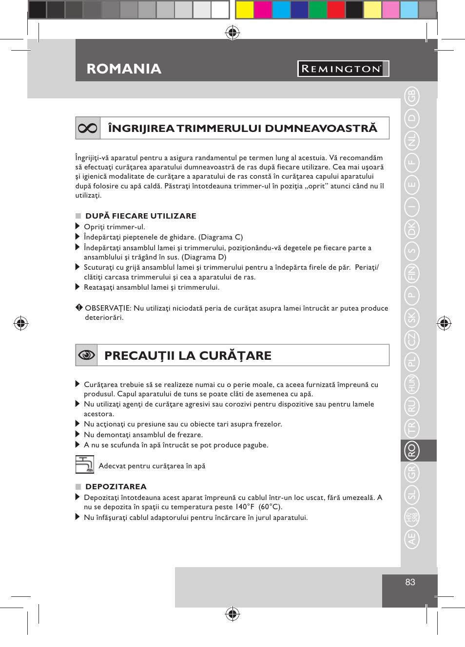 Romania, Precauţii la curăţare | Remington BHT300 User Manual | Page 85 / 108