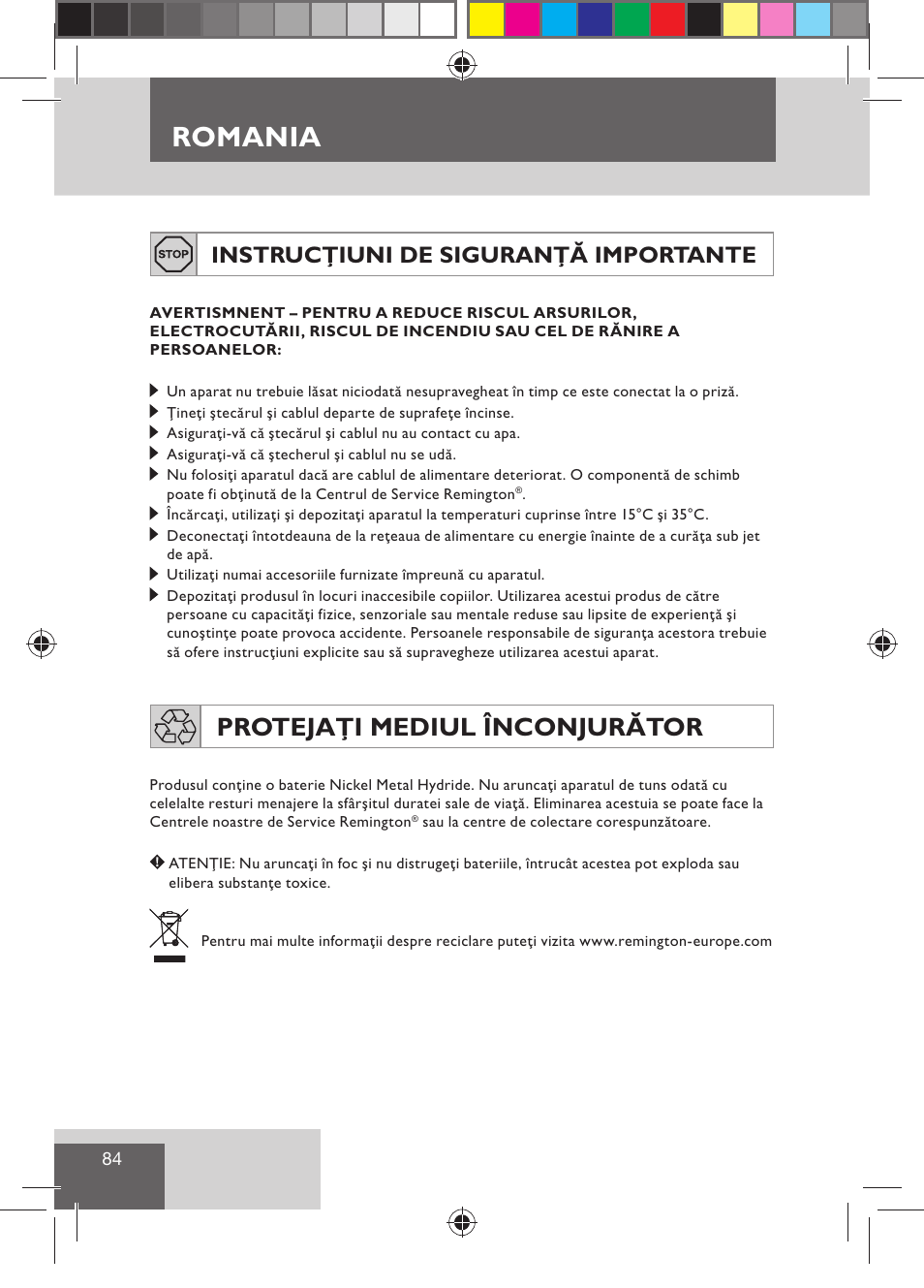 Romania, Protejaţi mediul înconjurător, Instrucţiuni de siguranţă importante | Remington BHT300 User Manual | Page 86 / 108