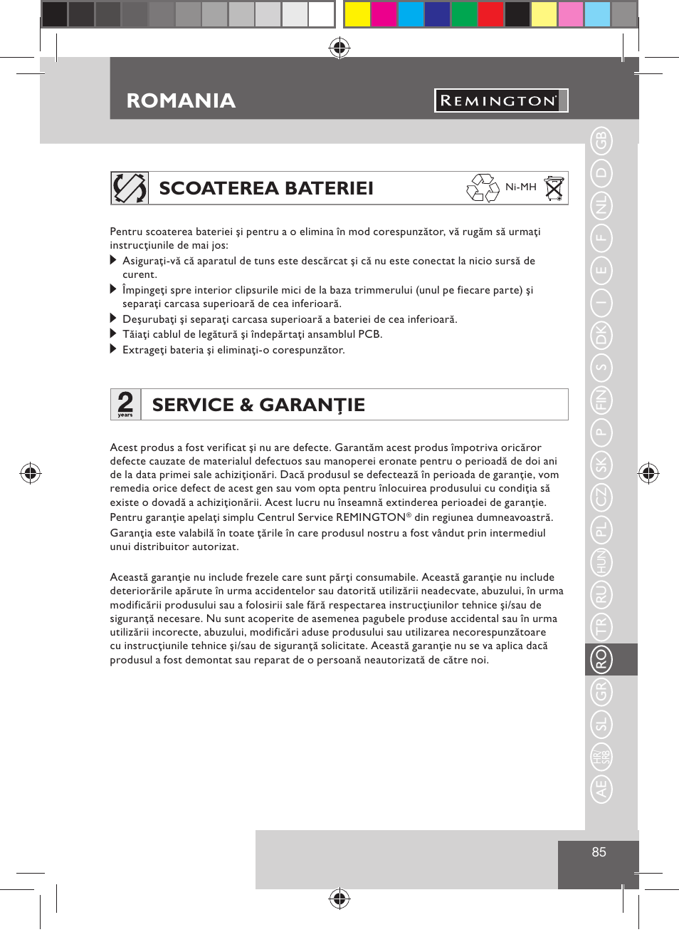 Romania, Scoaterea bateriei, Service & garanţie | Remington BHT300 User Manual | Page 87 / 108