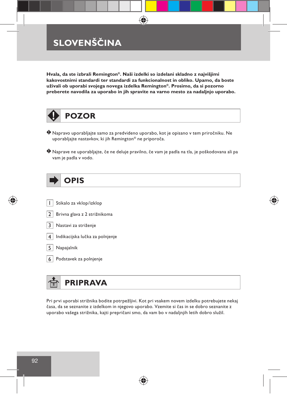 Slovenščina, Pozor, Opis | Priprava | Remington BHT300 User Manual | Page 94 / 108