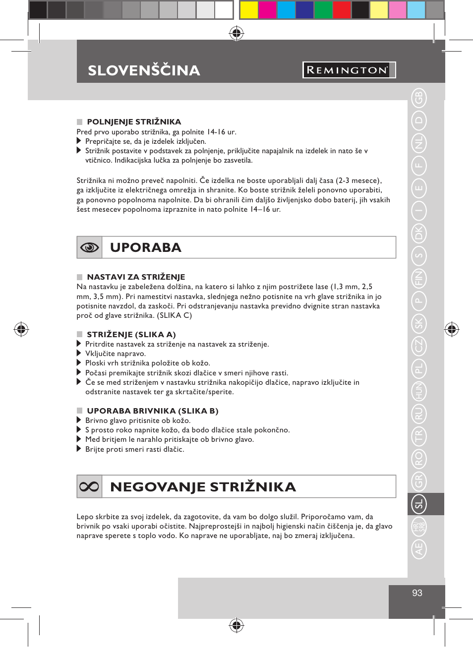 Slovenščina, Uporaba, Negovanje strižnika | Remington BHT300 User Manual | Page 95 / 108