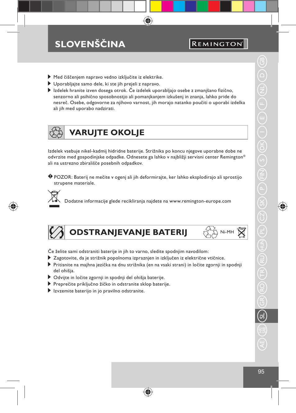 Slovenščina, Varujte okolje, Odstranjevanje baterij | Remington BHT300 User Manual | Page 97 / 108