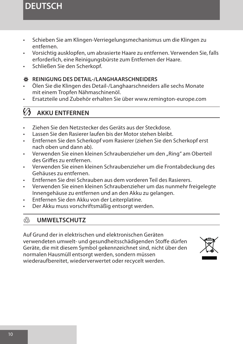 Deutsch | Remington XR1370 User Manual | Page 10 / 88