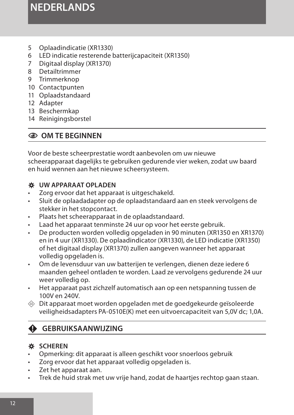 Nederlands | Remington XR1370 User Manual | Page 12 / 88