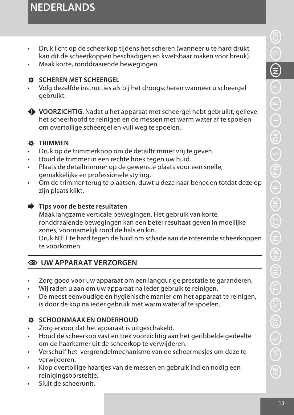 Nederlands | Remington XR1370 User Manual | Page 13 / 88