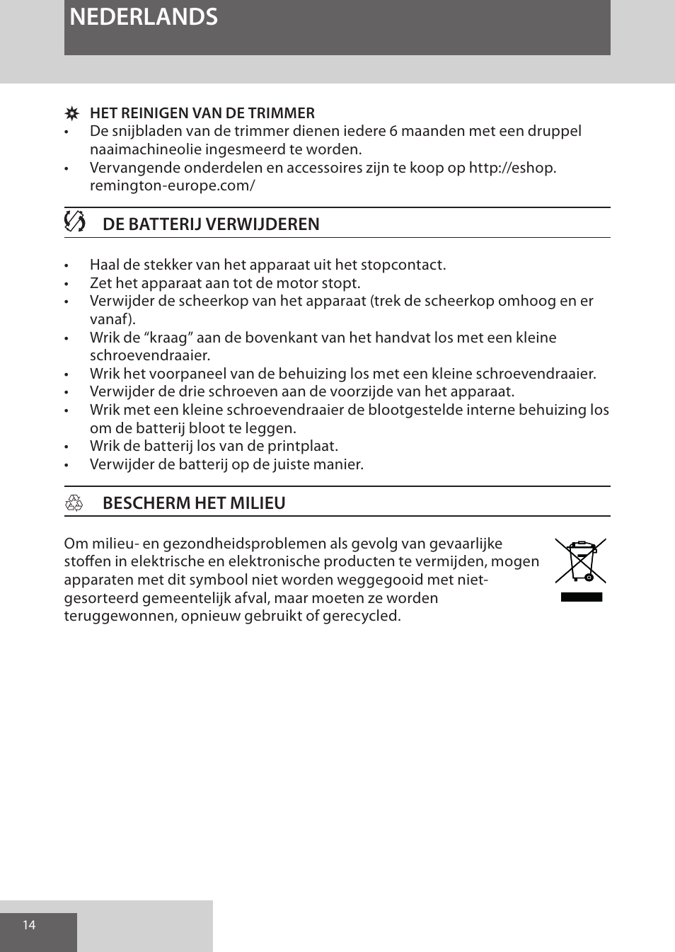 Nederlands | Remington XR1370 User Manual | Page 14 / 88