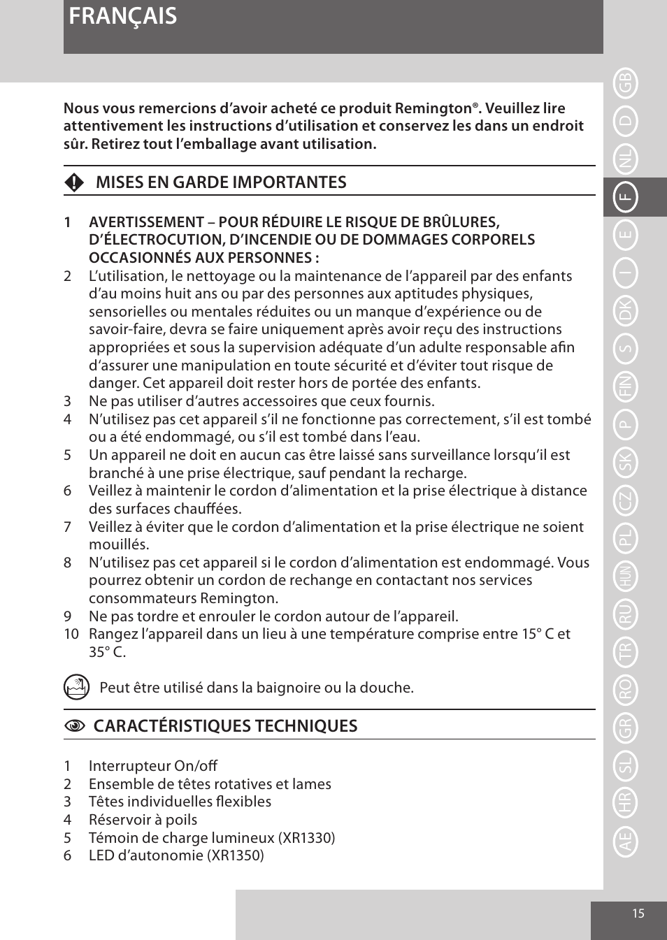 Français | Remington XR1370 User Manual | Page 15 / 88