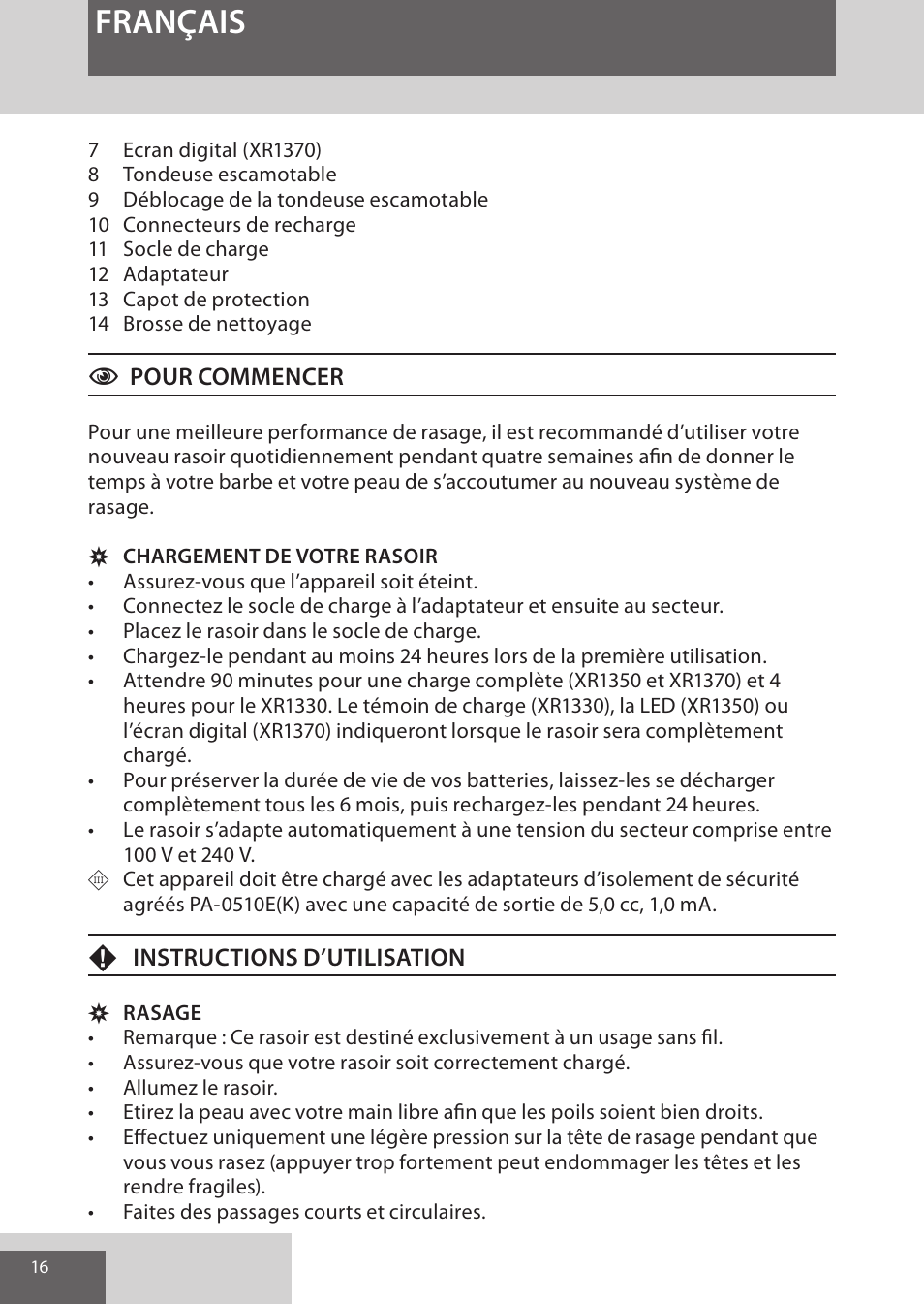 Français | Remington XR1370 User Manual | Page 16 / 88