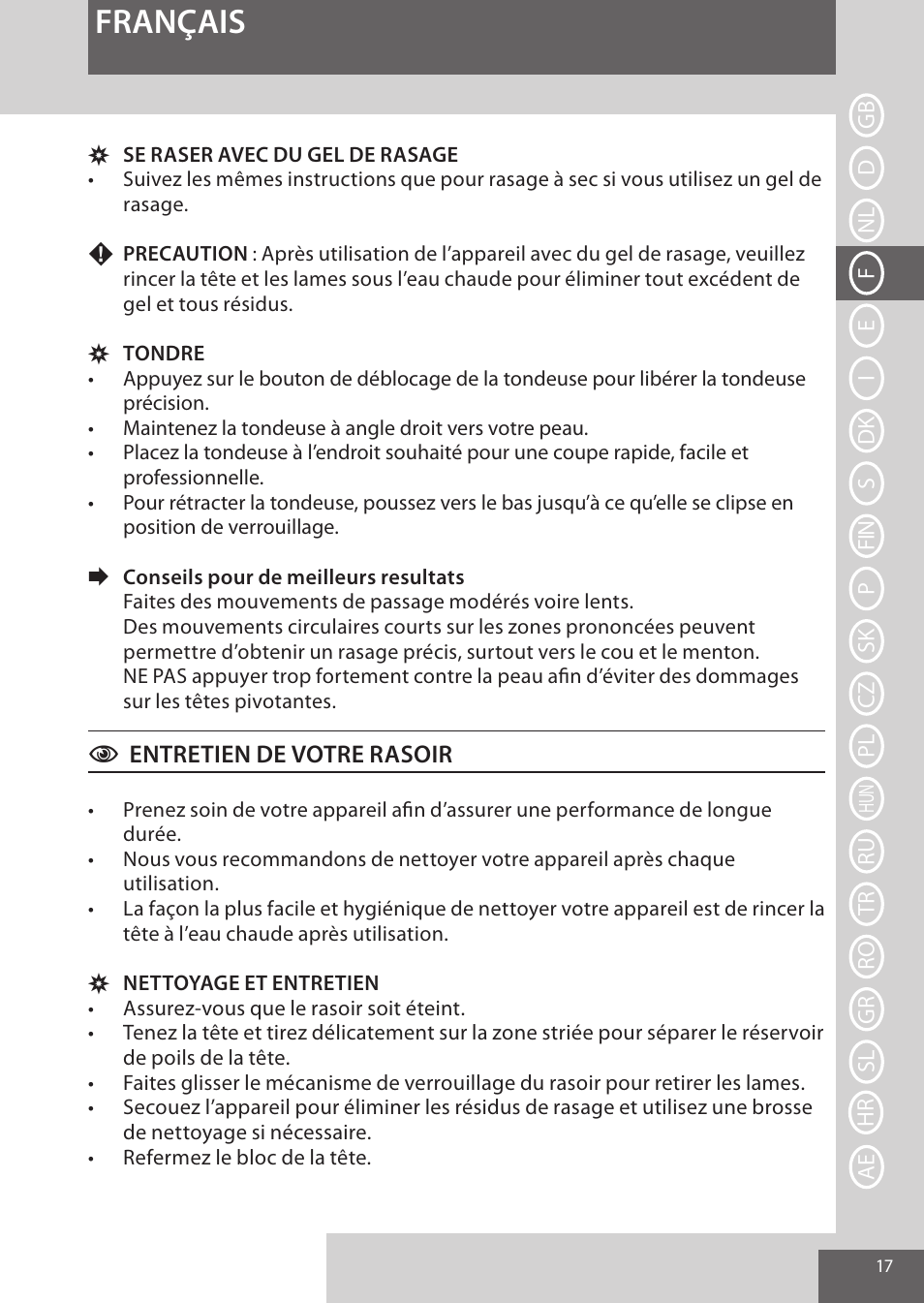 Français | Remington XR1370 User Manual | Page 17 / 88