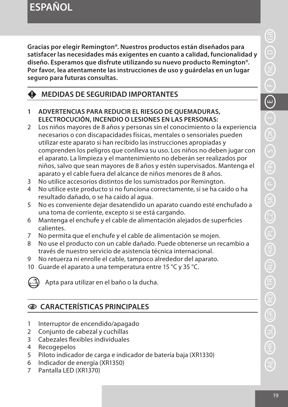 Español | Remington XR1370 User Manual | Page 19 / 88