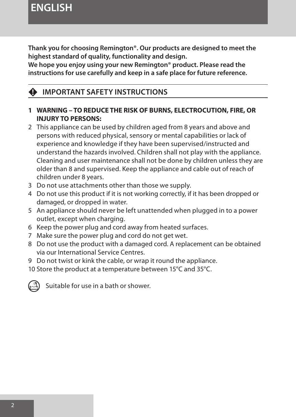 English | Remington XR1370 User Manual | Page 2 / 88