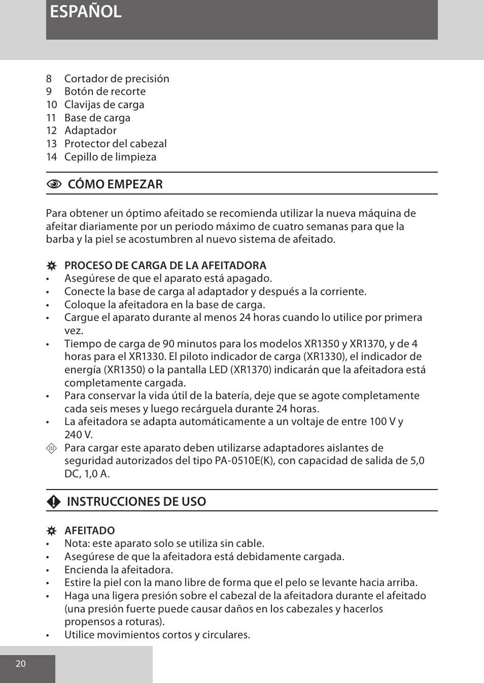 Español | Remington XR1370 User Manual | Page 20 / 88