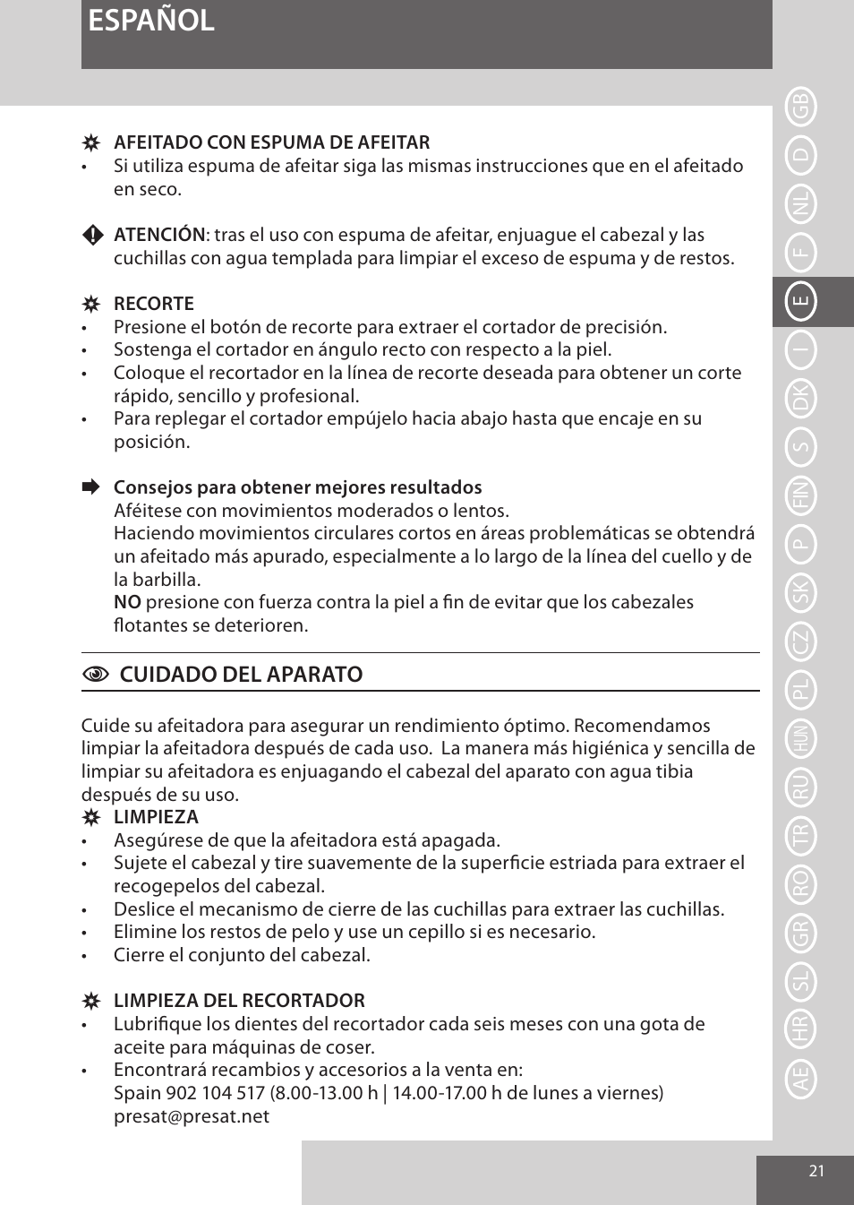 Español | Remington XR1370 User Manual | Page 21 / 88