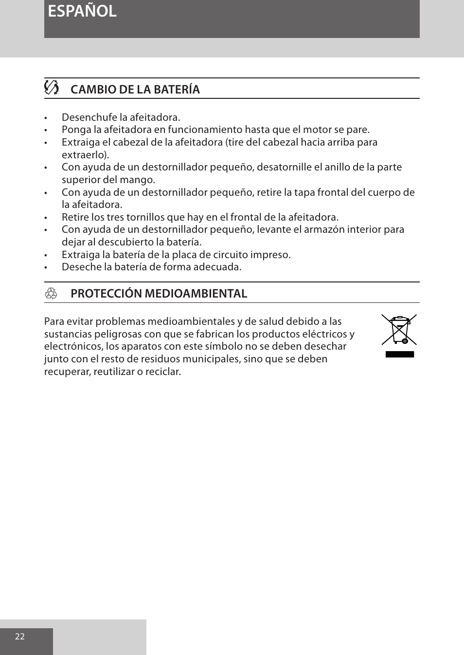 Español | Remington XR1370 User Manual | Page 22 / 88