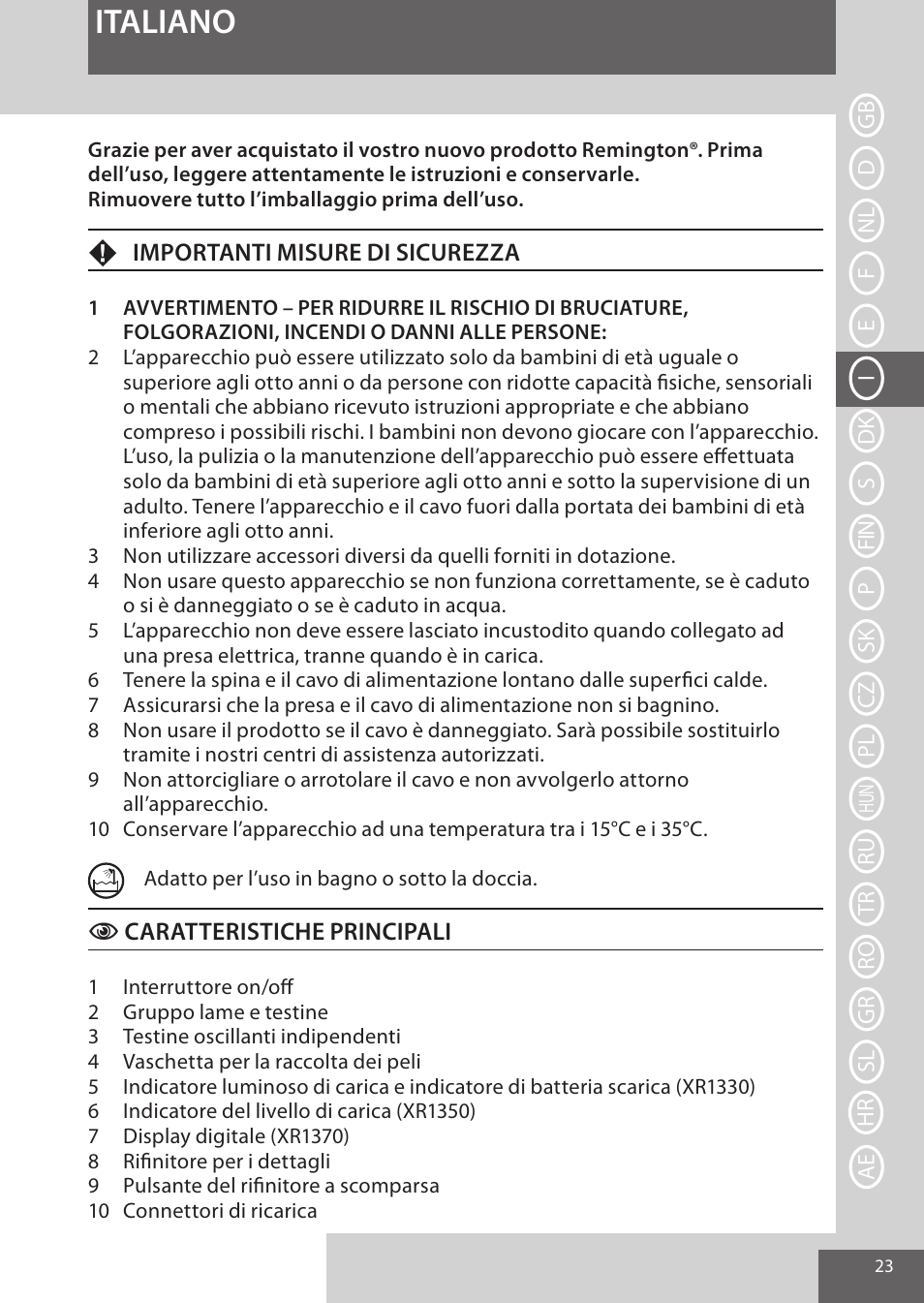 Italiano | Remington XR1370 User Manual | Page 23 / 88