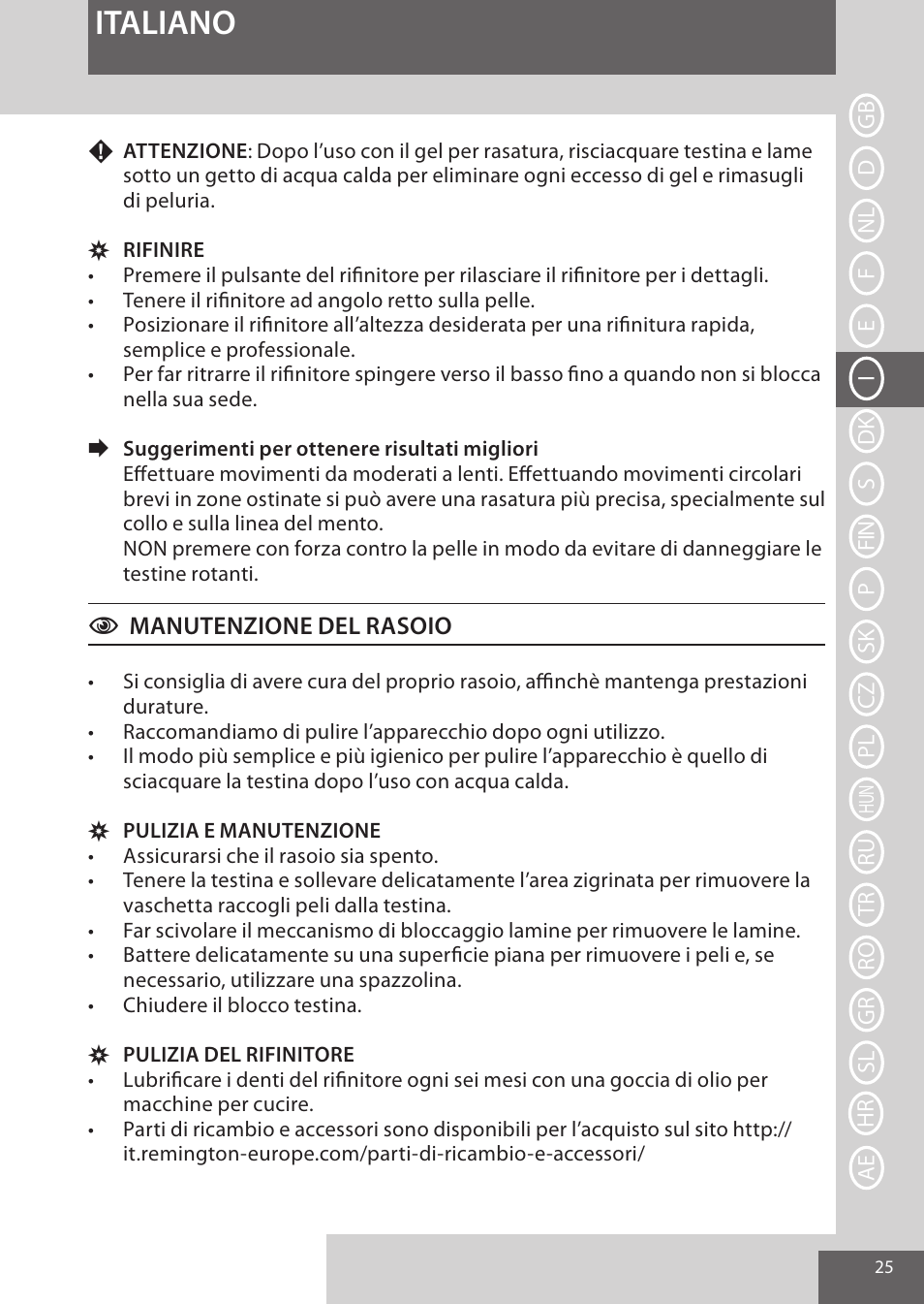 Italiano | Remington XR1370 User Manual | Page 25 / 88