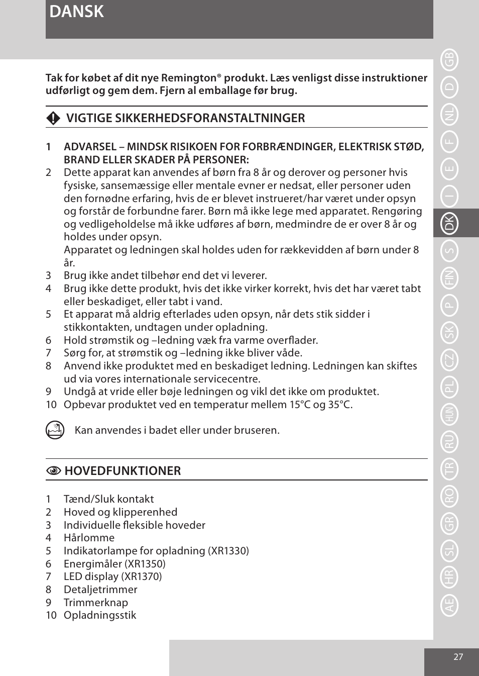 Dansk | Remington XR1370 User Manual | Page 27 / 88