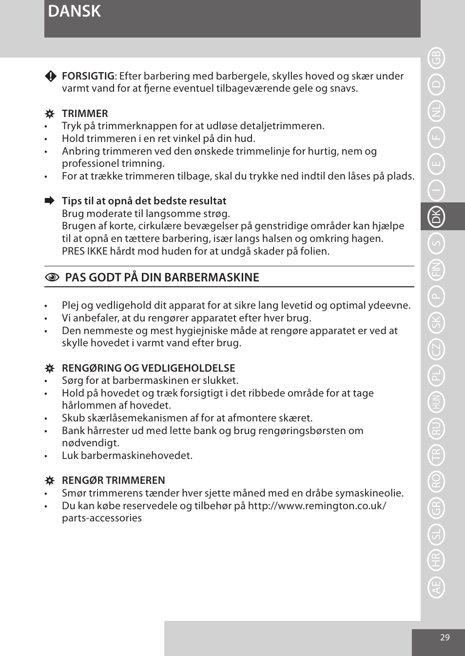 Dansk | Remington XR1370 User Manual | Page 29 / 88