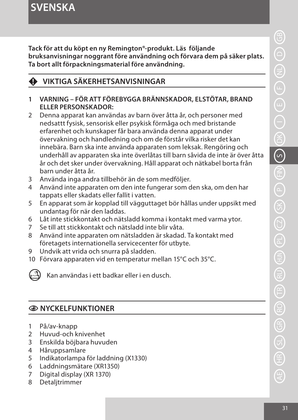 Svenska | Remington XR1370 User Manual | Page 31 / 88