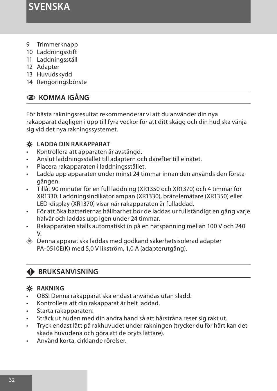 Svenska | Remington XR1370 User Manual | Page 32 / 88