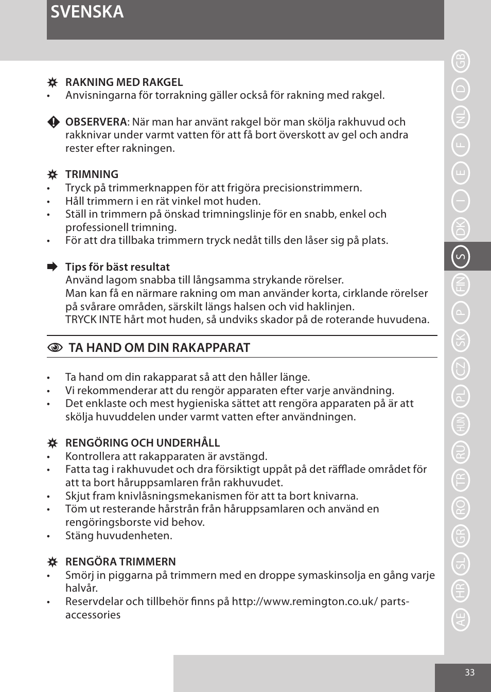 Svenska | Remington XR1370 User Manual | Page 33 / 88