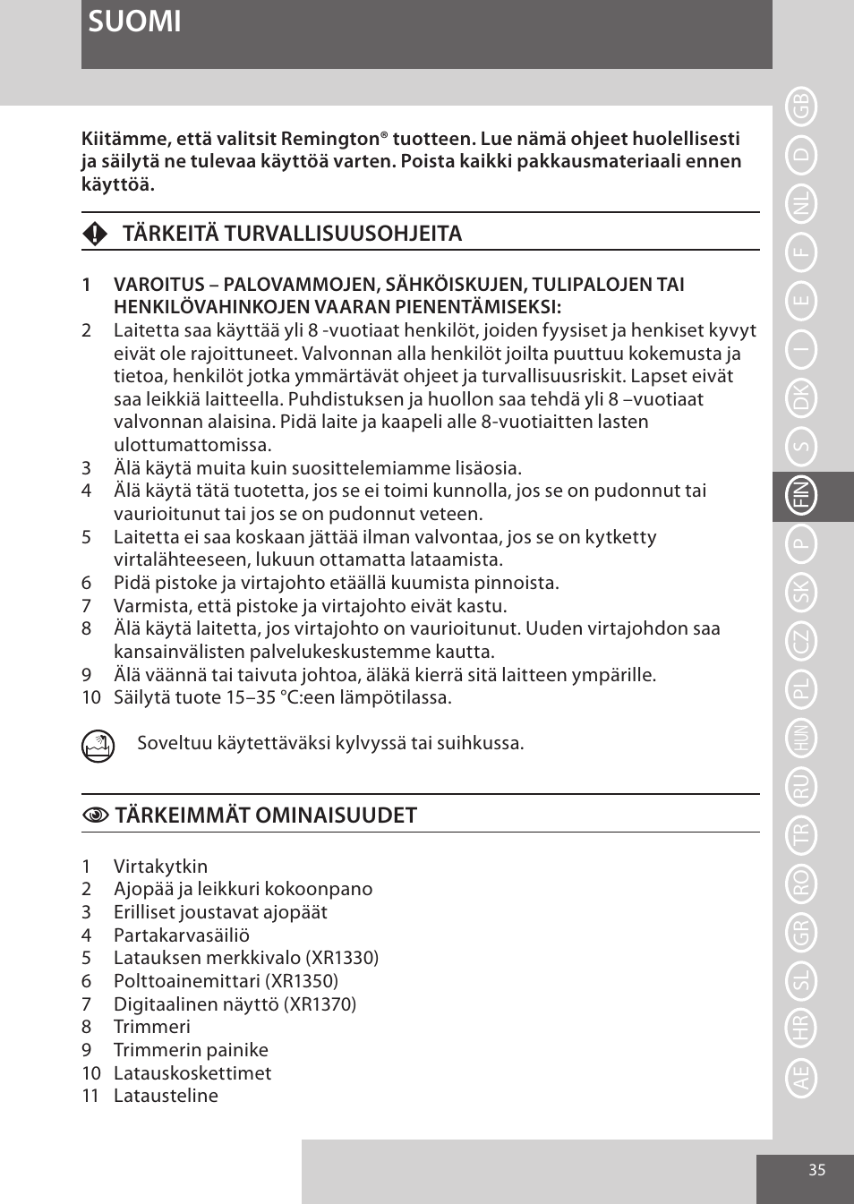 Suomi | Remington XR1370 User Manual | Page 35 / 88